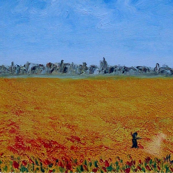 Marcello Annoni - Campo di grano con villaggio - olio su tela, cm 60x40