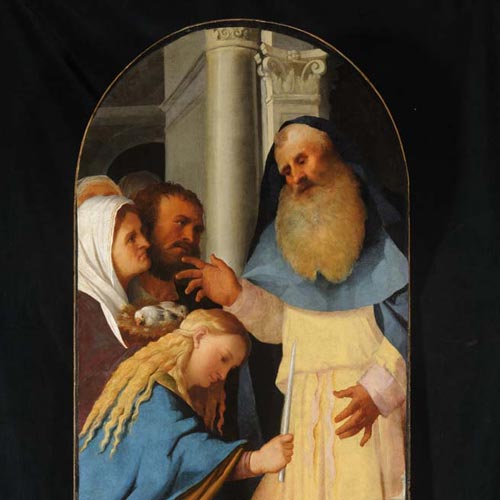 Palma il Vecchio (Negretti Jacopo) - Presentazione della Vergine - Polittico della Presentazione della Vergine - olio su tavola, 147,4 × 61,9 cm Serina, Santa Maria Annunciata Restauro affidato da Fondazione Creberg a Eugenia De Beni in collaborazione con Fabiana Maurizio (per la parte pittorica), Leone Algisi, Ciro Castelli (per i supporti lignei)  (Anno 2013-2015) 