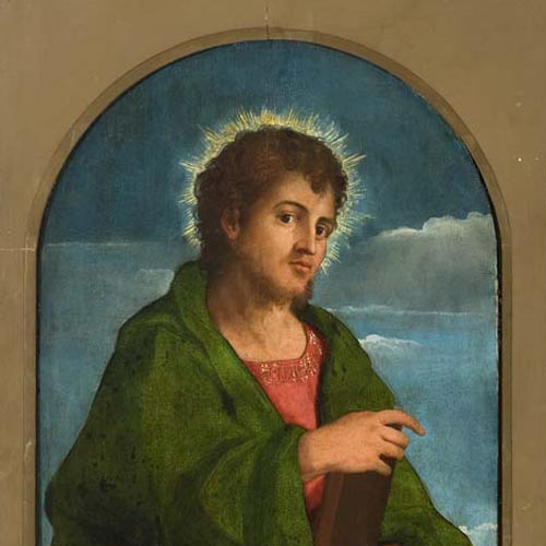 Palma il Vecchio (Negretti Jacopo) - San Filippo - Polittico della Resurrezione di Cristo - olio su tavola, 133 × 50 cm Serina, Santa Maria Annunciata Restauro affidato da Fondazione Creberg a Eugenia De Beni in collaborazione con Fabiana Maurizio (per la parte pittorica), Leone Algisi, Ciro Castelli (per i supporti lignei) (Anno 2013-2015) 