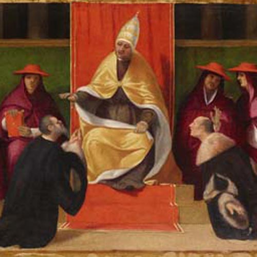 Previtali Andrea - Ambasceria bergamasca da Benedetto XII - Pala di san Benedetto - tempera e olio su tavola, 39 × 48,5 cm - 39 × 78 cm - 39 × 48 cm (predella) Bergamo, cattedrale di Sant’Alessandro martire Restauro affidato da Fondazione Creberg a Delfina Fagnani - Sesti Restauri (Anno 2017) 