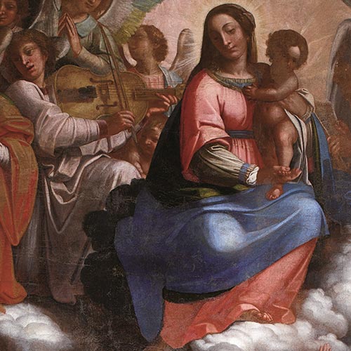 Talpino (Salmeggia Enea) - Madonna in gloria tra san Pietro, sant’Alessandro, sant’Alberto carmelitano e un santo vescovo - olio su tela, 390,5 × 264,5 cm Desenzano al Serio, chiesa della Natività di Maria Restauro affidato da Fondazione Creberg a Roberta Grazioli   (Anno 2016)