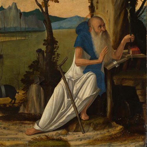 Carpaccio Vittore - Sant'Antonio abate - Polittico di Grumello - tempera/olio su tavola, 49 × 45 cm Grumello de’ Zanchi (Zogno), Santa Maria Assunta Restauro affidato da Fondazione Creberg a Delfina Fagnani - Sesti Restauri con la collaborazione di Roberto Buda - Relart Firenze (per i supporti lignei) (Anno 2020)