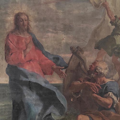 RICCI SEBASTIANO - POLAZZO FRANCESCO - Vocazione di San Pietro - olio su tela, cm 310 x 197
 Trescore Balneario, San Pietro Apostolo
 Restauro affidato da Fondazione Creberg ad Antonio Zaccaria
 (Anno 2025)