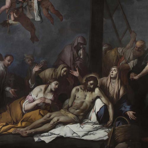 Carpioni Giulio - Deposizione di Nostro Signore - olio su tela, 300 × 320 cm Bergamo, Santo Spirito Restauro affidato da Fondazione Creberg a Fabiana Maurizio con la collaborazione di Donatella Borsotti (per la parte pittorica) e Leone Algisi (per i supporti lignei) (Anno 2020)