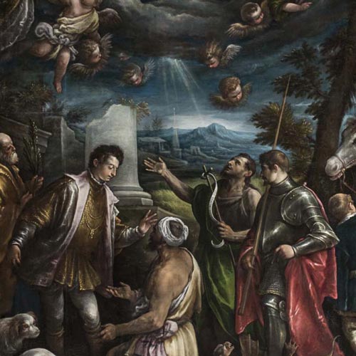 Bassano Francesco (Dal Ponte Francesco) - Incoronazione di Maria con i santi Giuseppe, Donnino, Giovanni Battista, Giorgio. - olio su tela, 245 × 150 cm Bergamo, Sant’Andrea Apostolo Restauro affidato da Fondazione Creberg a Andrea Lutti con la collaborazione di Sabrina Moschitta  (Anno 2018)