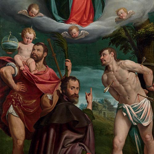 Cavagna Giovan Paolo - La Vergine in gloria e i santi Cristoforo, Rocco e Sebastiano - olio su tela, 230 × 120 cm Albino, San Giuliano martire Restauro affidato da Fondazione Creberg a Minerva Tramonti Maggi, Alberto Sangalli con la collaborazione di Angela Chiodelli (per la parte pittorica)  e Gianbattista Marco Fumagalli (per i supporti lignei) (Anno 2016)