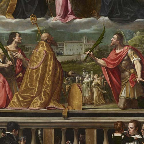 Cavagna Giovan Paolo - Miracolo annuale dell’acqua che sgorga dall’arca dei santi Fermo, Procolo e Rustico - olio su tela, 340 × 220 cm  Bergamo, chiesa del monastero di San Benedetto Restauro affidato da Fondazione Creberg a Minerva Tramonti Maggi, Alberto Sangalli con la collaborazione di Angela Chiodelli (per la parte pittorica)  e Gianbattista Marco Fumagalli (per i supporti lignei) (Anno 2016)