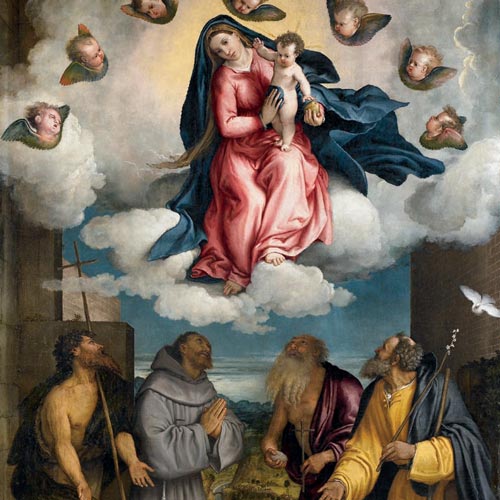 Lotto Lorenzo - Madonna con il Bambino in gloria e i santi Giovanni Battista, Francesco, Girolamo e Giuseppe  - Pala di Sedrina - olio su tela, 316 × 213 cm Sedrina, San Giacomo Maggiore apostolo Restauro affidato da Fondazione Creberg a Minerva Tramonti Maggi, Alberto Sangalli (Anno 2011-2012)