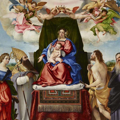 Lotto Lorenzo - Madonna con il Bambino in trono tra i santi Caterina, Agostino, Giovanni Battista, Sebastiano e Antonio abate - Pala di Santo Spirito - olio su tela, 287 × 268 cm Bergamo, Santo Spirito Restauro affidato da Fondazione Creberg a Minerva Tramonti Maggi, Alberto Sangalli con la collaborazione di Federico Mecca e Gianbattista Marco Fumagalli, Angela Chiodelli e Laura Armani (per la cornice) (Anno 2013-2015)