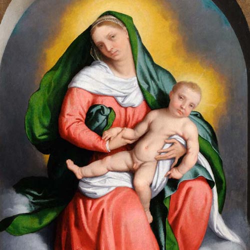 Moroni Giovan Battista - Madonna con Bambino in gloria - Polittico di Roncola - olio su tela, 167 × 85 cm  Roncola, San Bernardo Restauro affidato da Fondazione Creberg ad Andrea Lutti con la collaborazione di Sabrina Moschitta  (Anno 2013) 