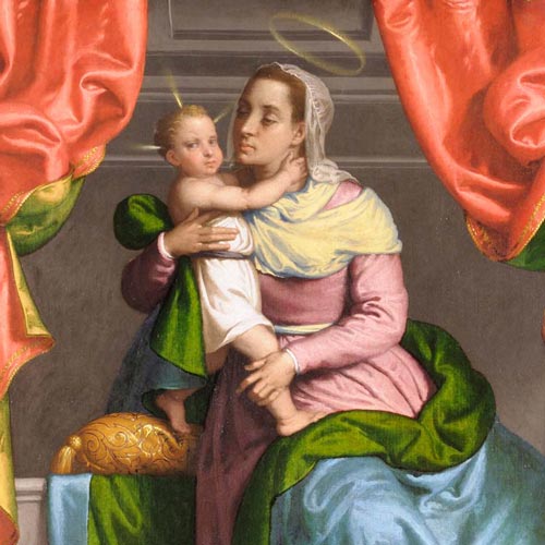 Moroni Giovan Battista - Madonna con il Bambino in trono - Polittico di Fiorano - olio su tela, 120 × 108 cm Fiorano al Serio, San Giorgio Martire Restauro affidato da Fondazione Creberg ad Andrea Lutti con la collaborazione di Sabrina Moschitta (per la parte pittorica) e di Leone Algisi (per la cornice) (Anno 2016) 