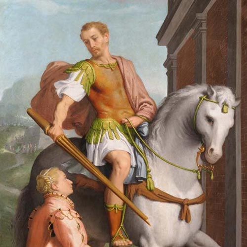 Moroni Giovan Battista - San Giorgio e la principessa - Polittico di Fiorano - olio su tela, 229 × 115 cm Fiorano al Serio, San Giorgio Martire Restauro affidato da Fondazione Creberg ad Andrea Lutti con la collaborazione di Sabrina Moschitta (per la parte pittorica) e di Leone Algisi (per la cornice) (Anno 2016) 