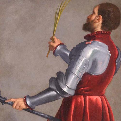 Moroni Giovan Battista - San Defendente - Polittico di Fiorano - olio su tela, 130 × 66 cm Fiorano al Serio, San Giorgio Martire Restauro affidato da Fondazione Creberg ad Andrea Lutti con la collaborazione di Sabrina Moschitta (per la parte pittorica) e di Leone Algisi (per la cornice) (Anno 2016) 