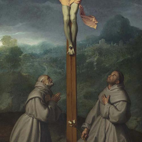 Moroni Giovan Battista - Crocifisso tra i santi Bernardino da Siena e Antonio di Padova - olio su tela, 227 × 134 cm Albino, San Giuliano martire Restauro affidato da Fondazione Creberg ad Antonio Zaccaria con la collaborazione di Barbara Vitali (Anno 2021) 