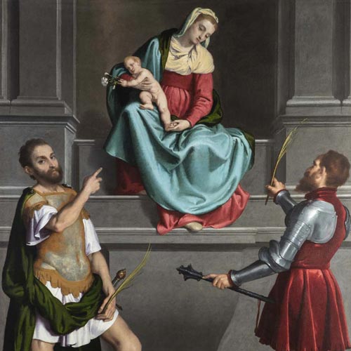 Moroni Giovan Battista - Madonna con il Bambino in trono tra i santi Vittore e Fidenzio - olio su tela, 215 × 160 cm  Gaverina Terme, San Vittore martire Restauro affidato da Fondazione Creberg ad Andrea Lutti con la collaborazione di Sabrina Moschitta (Anno 2021) 