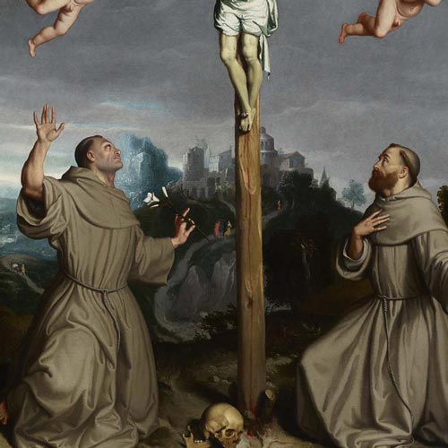 Moroni Giovan Battista - Crocifisso tra i santi Francesco d’Assisi e Antonio di Padova - olio su tela, 200 × 170 cm Bergamo, Cappella della Congregazione delle suore di carità delle sante B. Capitanio e V. Gerosa Restauro affidato da Fondazione Creberg a Delfina Fagnani - Sesti Restauri  (Anno 2021) 