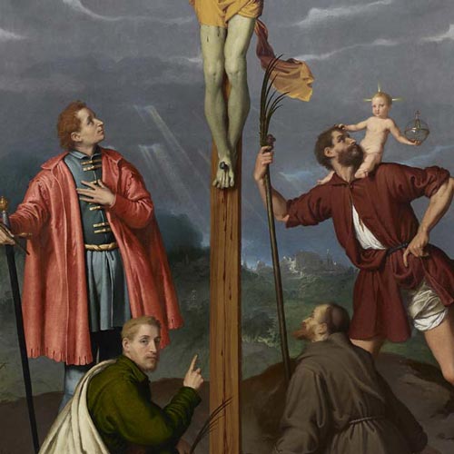 Moroni Giovan Battista - Crocifisso con i santi Crisogono, Cristoforo, Francesco d’Assisi e un santo martire - olio su tela, 265 × 160 cm Seriate, Santissimo Redentore Restauro affidato da Fondazione Creberg a Gianbattista Marco Fumagalli (Anno 2021) 